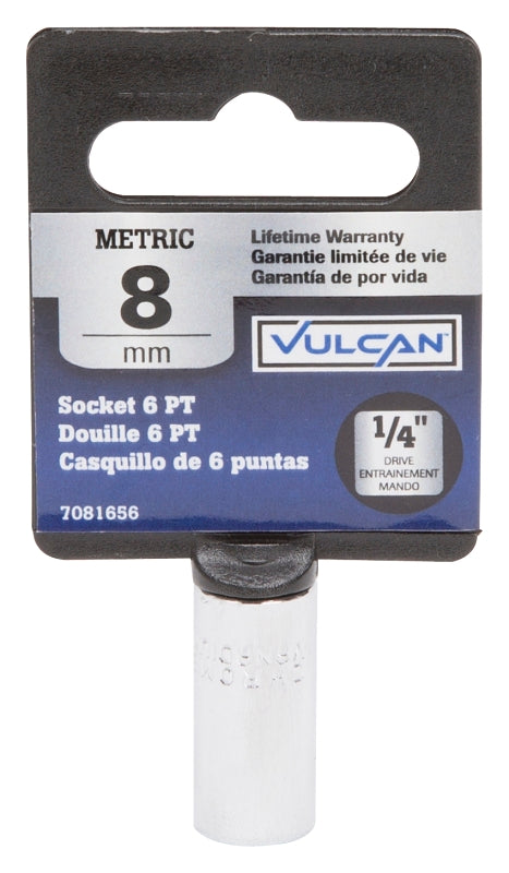 Vulcan MT6489801 Drive Socket, 8 mm Socket, 1/4 in Drive, 6-Point, Chrome Vanadium Steel, Chrome