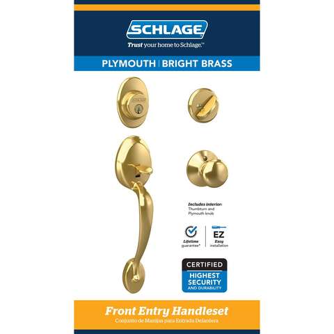 Schlage Plymouth Bright Brass Entry Handleset 1-3/4 in.