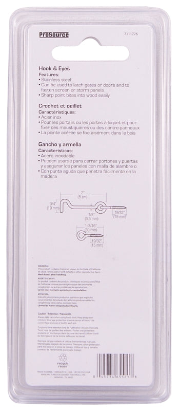 ProSource LR-407S-PS Gate Hook and Eye, 1/8 in Dia Wire, Stainless Steel