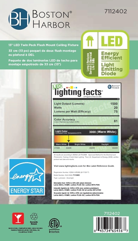 Boston Harbor ZD13-BN-C Ceiling Light Fixture, 0.17 A, 120 V, 20 W, 2-Lamp, LED Lamp, 1500, 3000 K Color Temp