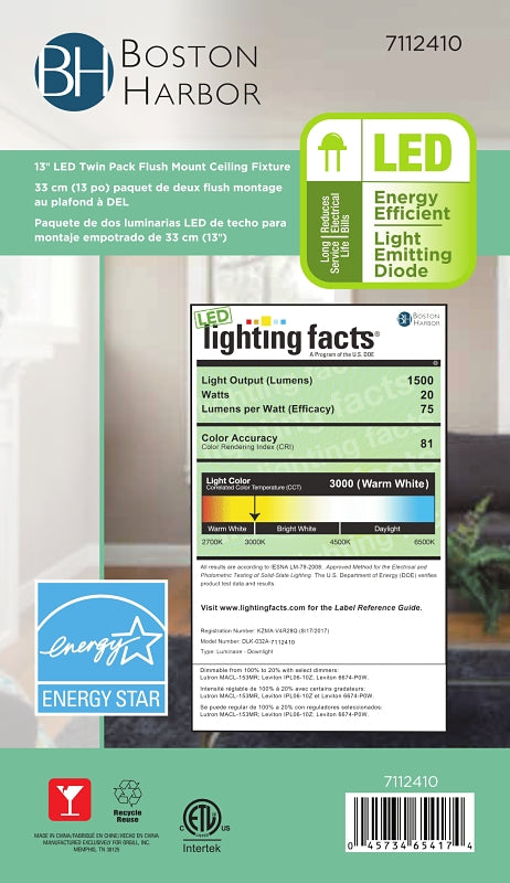 Boston Harbor ZD13-BR-C Ceiling Light Fixture, 0.17 A, 120 V, 20 W, 2-Lamp, LED Lamp, 1500, 3000 K Color Temp