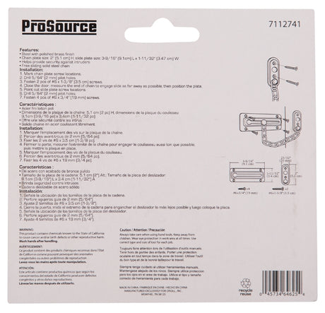 ProSource 807277-PS Chain Door Guard, 3-3/8 in L, 2 in W, 6 in H, Steel, Polished Brass