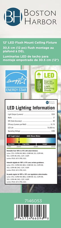 Boston Harbor CL200AC Flush Mount Ceiling Fixture, 120 V, 15 W, 1-Lamp, LED Lamp, 1050 Lumens, 3000 K Color Temp