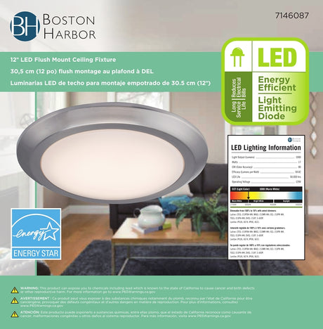 Boston Harbor CL006AC1215-12 Flush Mount Ceiling Fixture, 120 V, 17 W, 1-Lamp, LED Lamp, 1200 Lumens