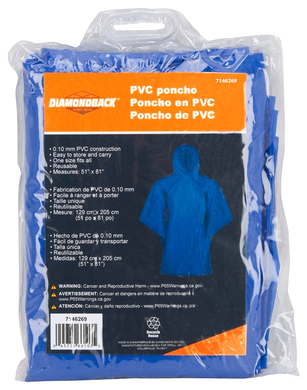 Diamondback PNC-01-L Poncho, One-Size, PVC, Blue, Hooded Collar