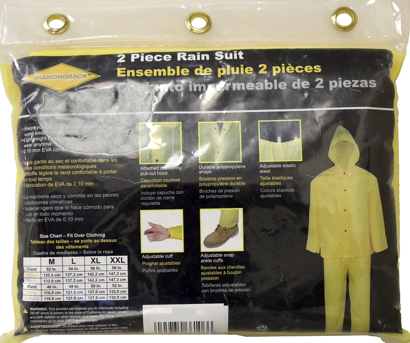 Diamondback RS2-01-M Rain Suit, M, 41 in Inseam, EVA, Yellow, Hooded Collar, Snap Down Storm Flap Closure