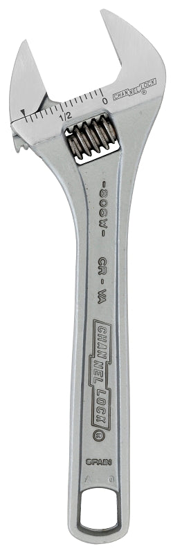 Channellock WIDEAZZ Series 806W Adjustable Wrench, 6-1/4 in OAL, 0.94 in Jaw, Steel, Chrome, Plain-Grip Handle