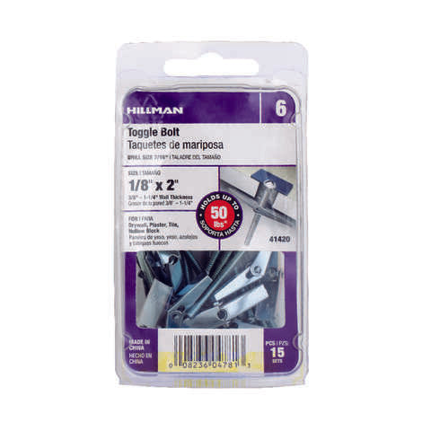 Hillman 1/8 in. D X 2 in. L Round Steel Toggle Bolt 15 pk, Pack of 5