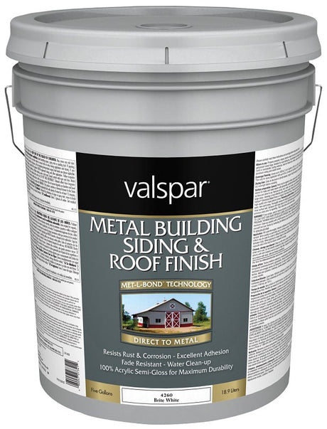 Valspar 027.0004260.008 Building Roof and Siding Finish, Semi-Gloss, Brite White, 5 gal