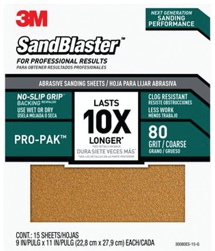 3M SandBlaster Series 30080ES-15-G Sandpaper, 11 in L, 9 in W, 80 Grit, Coarse, Aluminum Oxide Abrasive