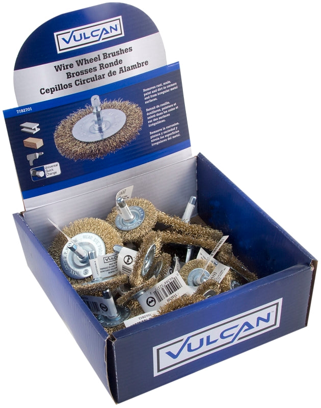 Vulcan 323700OR Assorted/Coarse-Grade Wire Wheel Brush Kit, 1-1/2, 2, 2-1/2, 3 in Dia, 1/4 in Arbor/Shank, Pack of 25