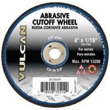 Vulcan 981590OR Type 1 Cut-Off Wheel, 4 in Dia, 1/16 in Thick, 3/8 in Arbor, Premium, Aluminum Oxide Abrasive