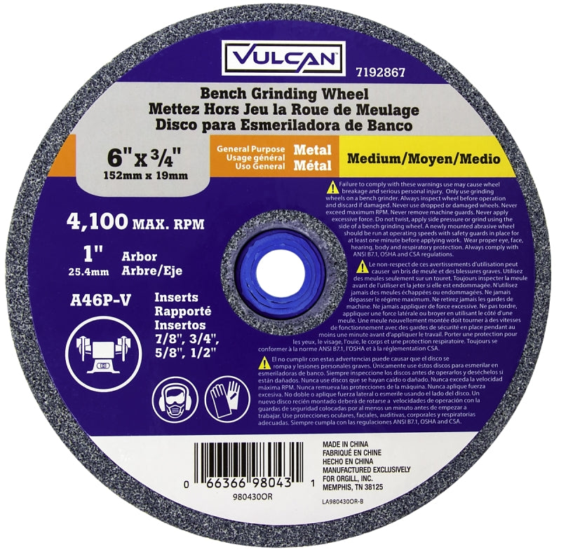 Vulcan 980430OR Straight Bench Grinding Wheel, 6 in Dia, 1 in Arbor, 45 Grit, Medium, Aluminum Oxide Abrasive