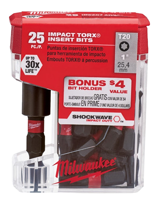 Milwaukee SHOCKWAVE 48-32-5013 Insert Bit, T20 Drive, Torx Drive, 1/4 in Shank, Hex Shank, 1 in L, Steel