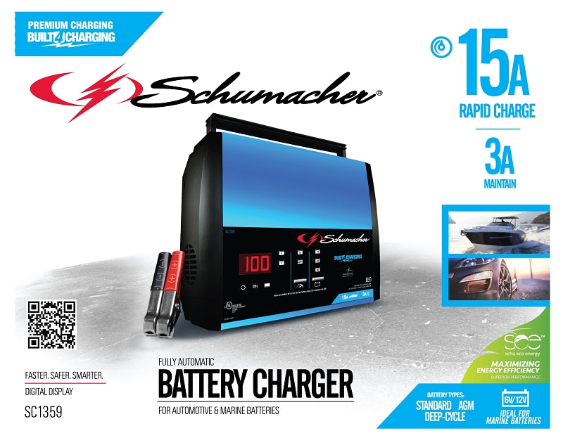 Schumacher SC1359 Battery Charger, 12 V Output, 2 A at 6 V, 15 A at 12 V Charge