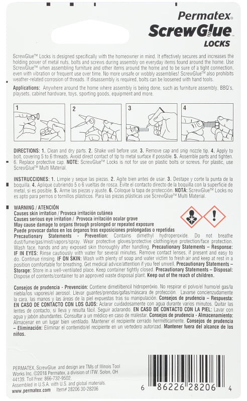 Permatex ScrewGlue 28206 Screw Locking Glue, 0.2 oz, Tube, Liquid, Blue