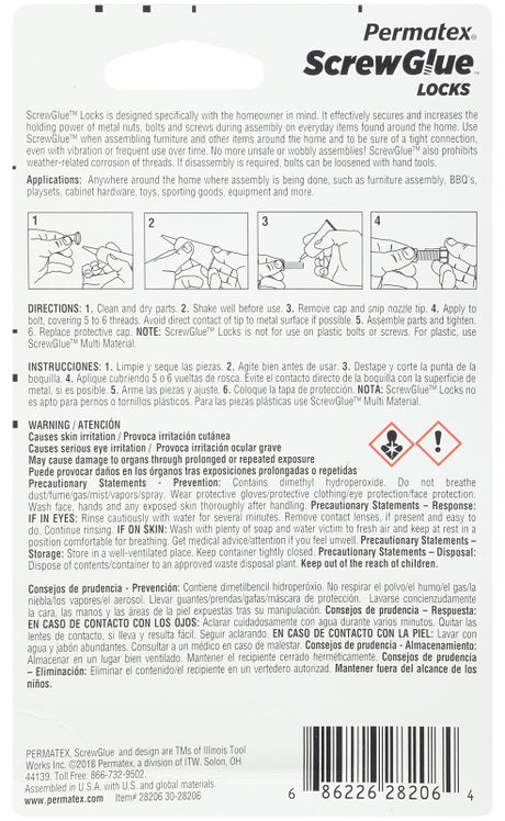 Permatex ScrewGlue 28206 Screw Locking Glue, 0.2 oz, Tube, Liquid, Blue