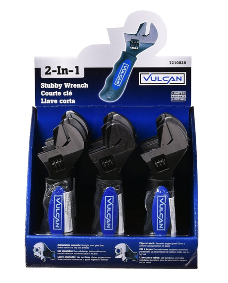 Vulcan 900061 Adjustable 2N1 Stubby Wrench, 6-1/4 in OAL, Steel, Blackening, Ergonomic Handle