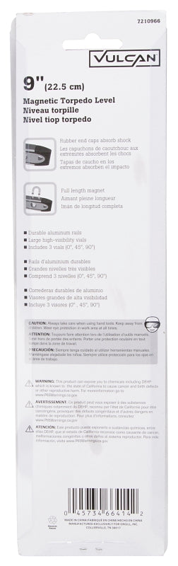 Vulcan TM-15 Torpedo Level, 9 in L, 3-Vial, 2-Hang Hole, Magnetic, Plastic