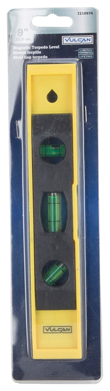 Vulcan JLO-063 Torpedo Level, 9 in L, 3-Vial, 1-Hang Hole, Magnetic, Plastic