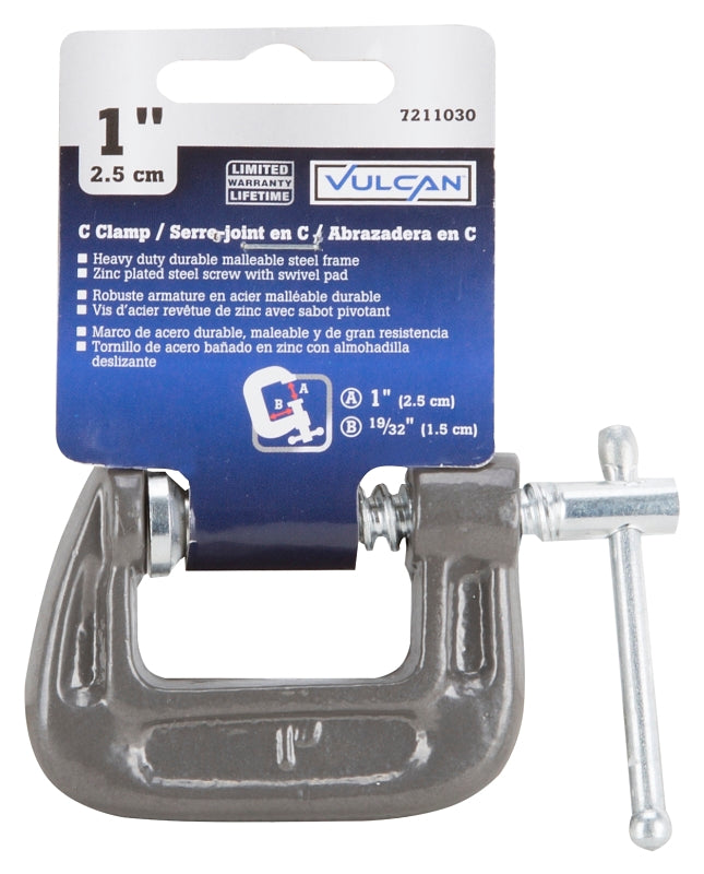 Vulcan JL27360 C-Clamp, 1 in Max Opening Size, 0.6 in D Throat, Steel Body, Gray Body