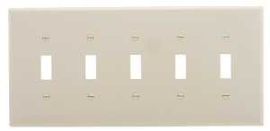 Eaton PJ5LA Switch Wallplate, 4.87 in L, 10.37 in W, 5-Gang, Polycarbonate, Light Almond, High-Gloss