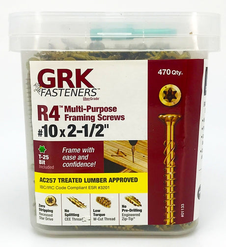 GRK Fasteners R4 01133 Framing and Decking Screw, #10 Thread, 2-1/2 in L, Star Drive, Steel, 470 PAIL