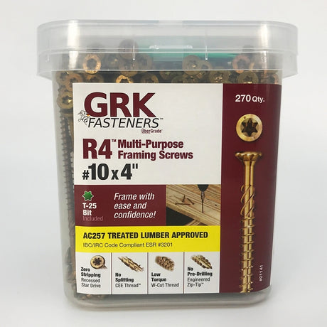 GRK Fasteners R4 01141 Framing Screw, #10 Thread, 4 in L, Star Drive, Steel, Climatek, 270 PK