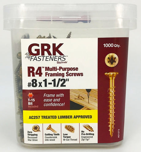 GRK Fasteners R4 01073 Framing and Decking Screw, #8 Thread, 1-1/2 in L, Star Drive, Steel, 1000 PAIL