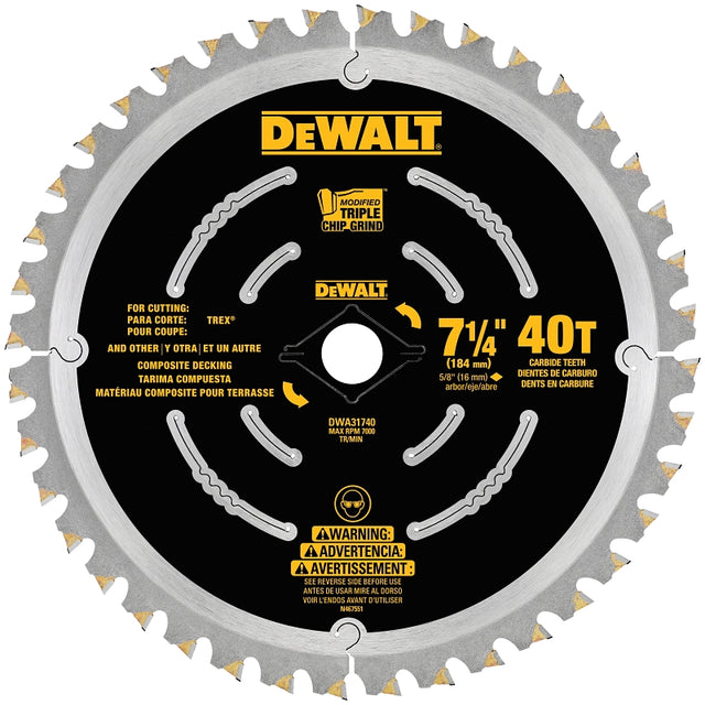 DEWALT DWA31740 Decking Saw Blade, 7-1/4 in Dia, 5/8 in Arbor, 40-Teeth