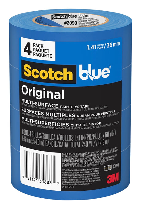 ScotchBlue 2090-36EP4 Original Painter's Tape, 60 yd L, 1.41 in W, Crepe Paper Backing, Blue