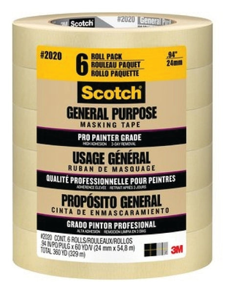 Scotch 2020-24ECP Masking Tape, 60 yd L, 0.94 in W, Crepe Paper Backing, Tan