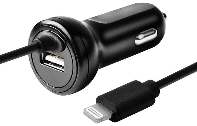 Zenith PM1024FC8 Lightning Fixed Car Charger, 12 to 24 VDC Input, 5 V Output, 3 ft L Cord, Black