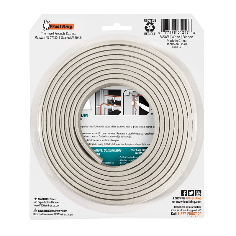 Frost King V23WA Foam Weatherseal Tape, 3/8 in W, 17 ft L, 1/8 in Thick, Rubber, White