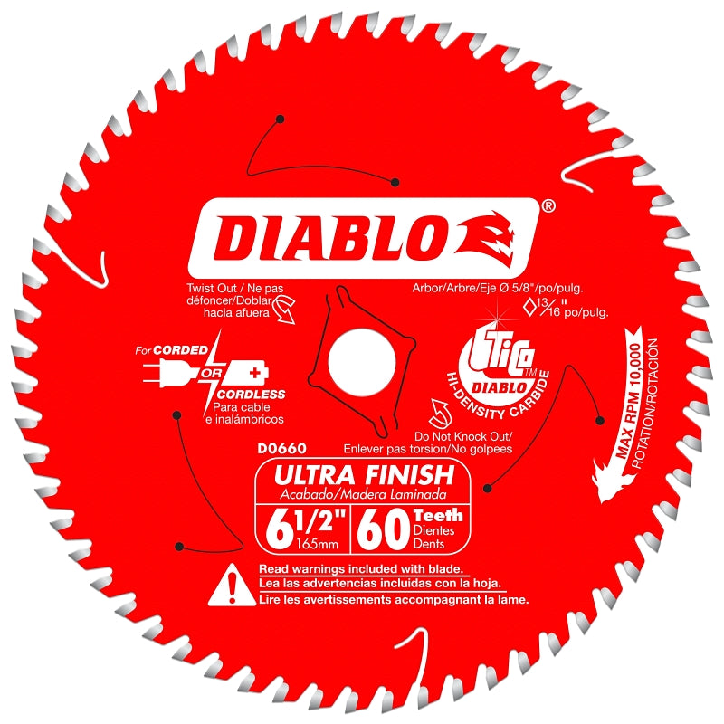 Diablo D0660X Circular Saw Blade, 6-1/2 in Dia, 60-Teeth, Applicable Materials: Wood