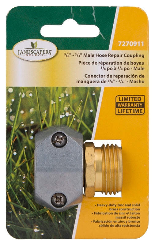 Landscapers Select GC534 Hose Coupling, 5/8 to 3/4 in, Male, Brass and zinc, Brass and silver