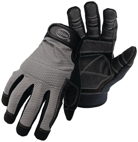 Boss 5204X Utility Mechanic Gloves, XL, Wing Thumb, Wrist Strap Cuff, PVC, Black/Gray