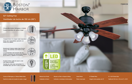 Boston Harbor AC362+3L-NI-3L Ceiling Fan, 5-Blade, Natural Iron Housing, 52 in Sweep, MDF Blade, 3-Speed