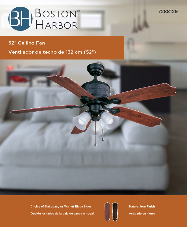 Boston Harbor AC362+3L-NI-3L Ceiling Fan, 5-Blade, Natural Iron Housing, 52 in Sweep, MDF Blade, 3-Speed