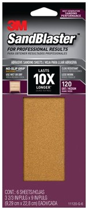 3M SandBlaster Series 11120-G-6 Sandpaper, 9 in L, 3-2/3 in W, 120 Grit, Medium, Aluminum Oxide Abrasive