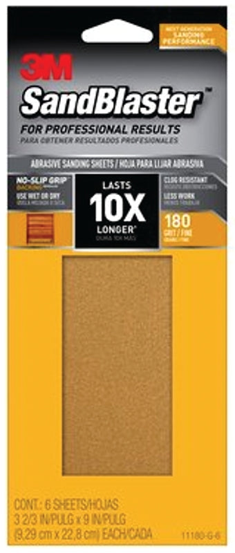 3M SandBlaster Series 11180-G-6 Sandpaper, 9 in L, 3-2/3 in W, 180 Grit, Medium, Synthetic Mineral Abrasive