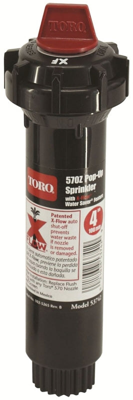 Toro 53742 Sprinkler Body with Flush Plugs, 1/2 in Connection, FNPT, 4 in H Pop-Up, 5 to 15 ft, Variable Arc Nozzle, ABS