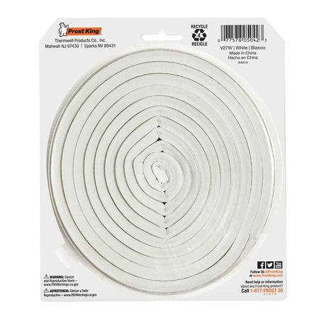 Frost King V27WA Weatherseal, 9/16 in W, 10 ft L, EPDM Rubber, White