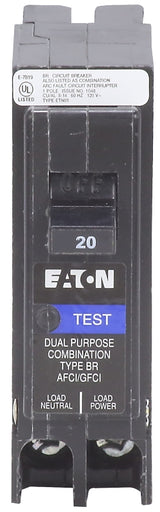 Eaton BRP120DF Circuit Breaker, AFCI, BR, GFCI, 20 A, 1-Pole, 120 VAC, Plug