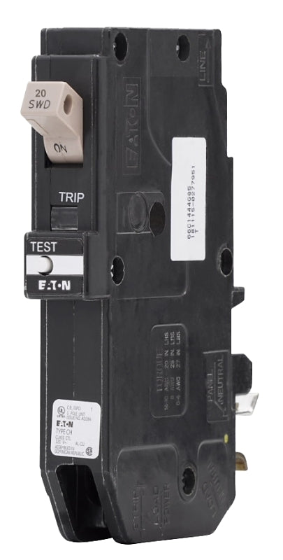 Eaton CHFP120GF Circuit Breaker, CH, GFCI, 20 A, 1-Pole, 120/240 VAC, Plug