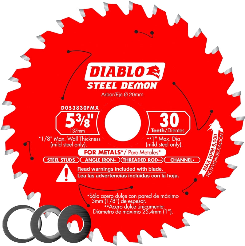 Diablo D053830FMX Saw Blade, 5-3/8 in Dia, 20 mm Arbor, 30-Teeth, Carbide Cutting Edge