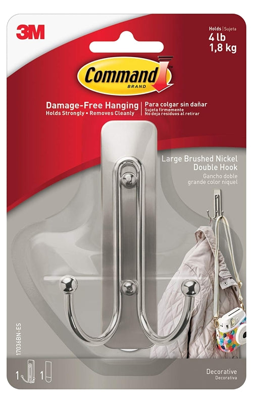 Command 17036BN-ES Large Double Hook, 4 lb, 1-Hook, Metal/Plastic, Gray, Brushed Nickel, Pack of 4