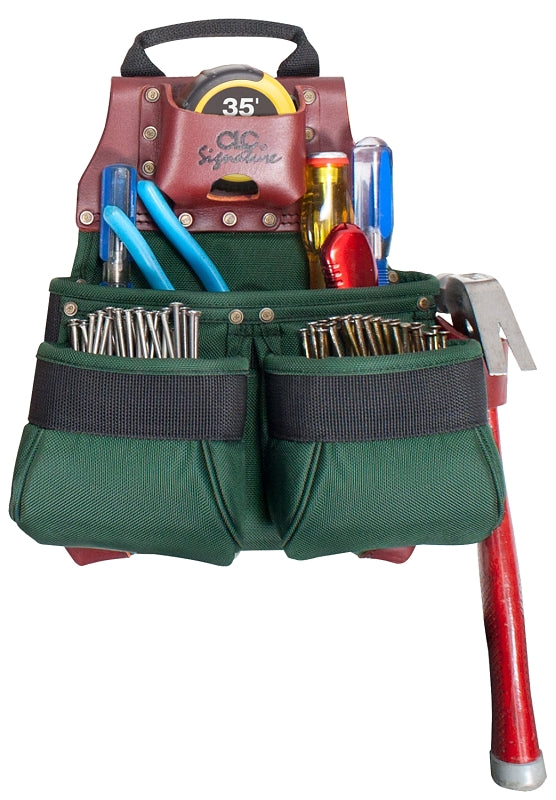 CLC Signature Elite Series 51838 Nail and Tool Bag, 11 in W, 7 in D, 13 in H, 10-Pocket, Nylon, Green