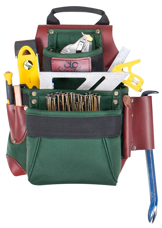 CLC Signature Elite Series 51685 Nail and Tool Bag, 10 in W, 7 in D, 13-3/4 in H, 7-Pocket, Nylon, Green