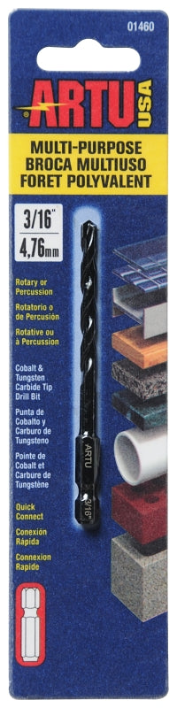 ARTU 01460 Drill Bit, 3/16 in Dia, 3-1/2 in OAL, Multi-Purpose, Parabolic Flute, Quick-Connect Shank